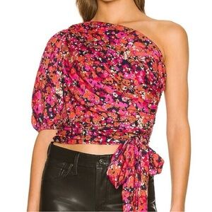 Amanda Uprichard Bexley One Shoulder Top Bloomessence Floral Large Ruched Knot